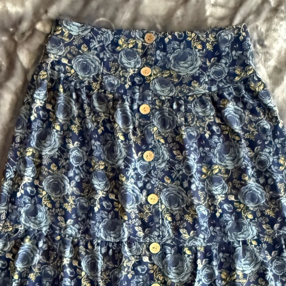 Sweet Salt Tiered Button Front Floral Maxi Skirt Size 4 Blue Boho A-line Cottage